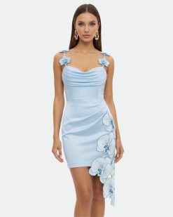 Orchid Embroidered Draped Mini Dress - Light Blue