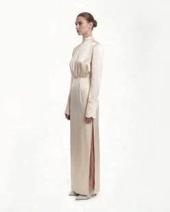 Alternative view of Structured Shoulder Design Satin High-Neck Fitted Maxi Dress - Cream