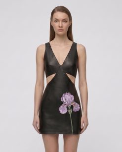 Iris Floral Cutout Bodycon Leather Mini Dress - Black