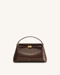 Carmen Top Handle Bag - Dark Brown Croc