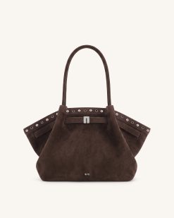Hana Medium Faux Suede Tote Bag - Dark Chocolate Brown