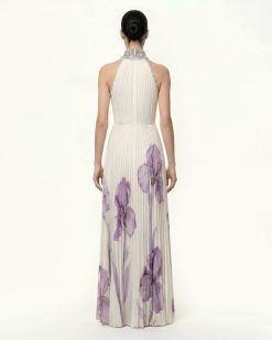 Alternative view of Jeweled-neck Halter Pleated Iris Print Maxi Dress - White/Purple