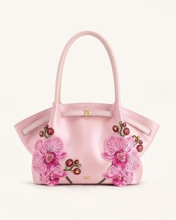 Hana Large Orchid Embroidered Tote Bag - Pink