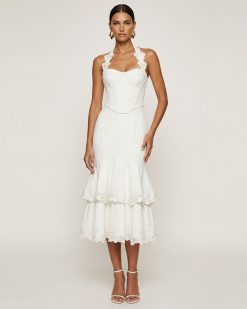 Orchid Embroidered Halter Corset Midi Dress - White