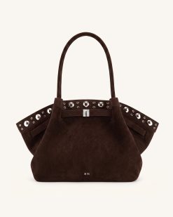 Hana Large Faux Suede Tote Bag - Deep Brown