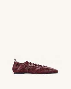 Ava Lace-Up Mesh Flats - Burgundy