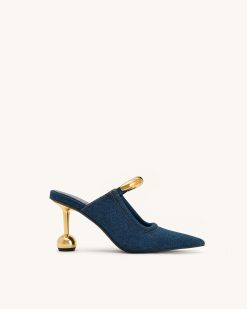 Sofia Metal Accent Sphere Heel Mules - Denim Blue