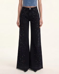 The Troublemaker Multi-Color Rhinestone Split Fray Jeans - Midnight Confessions