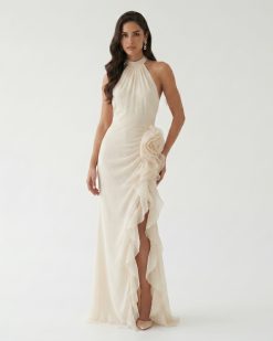 Halter Ruffle Rosette Slit Maxi Dress - Ivory