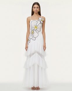 Orchid Embroidered Ruffled Tulle Strapless Maxi Dress - White