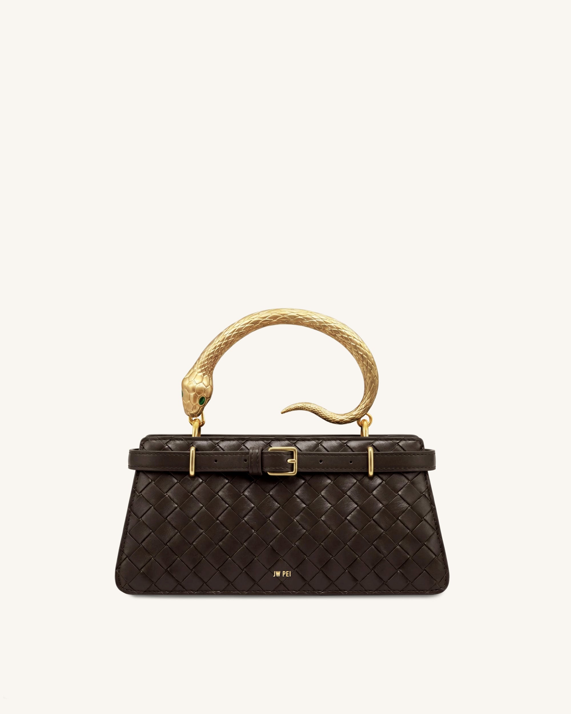 Elena Snake Handle Woven Texture Top Handle Bag - Espresso