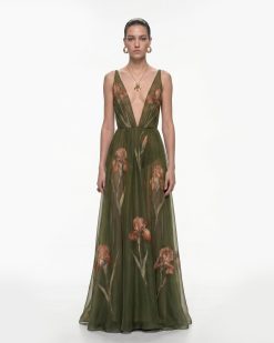 Sheer Floral Print Maxi Dress - Olive