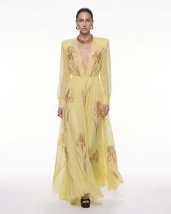 Iris Floral Print Long-Sleeve Sheer Gown - Yellow