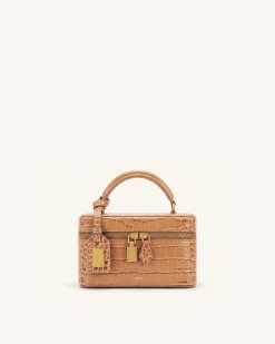 Cleo Box Shape Top Handle Bag - Brown Croc
