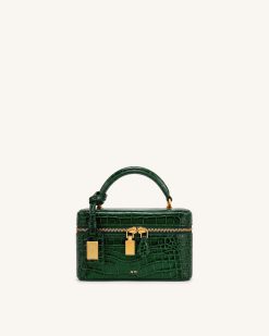 Cleo Box Shape Top Handle Bag - Forest Green Croc