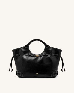 Virelle Waxed Vegan Leather Drawstring Tote Bag - Black