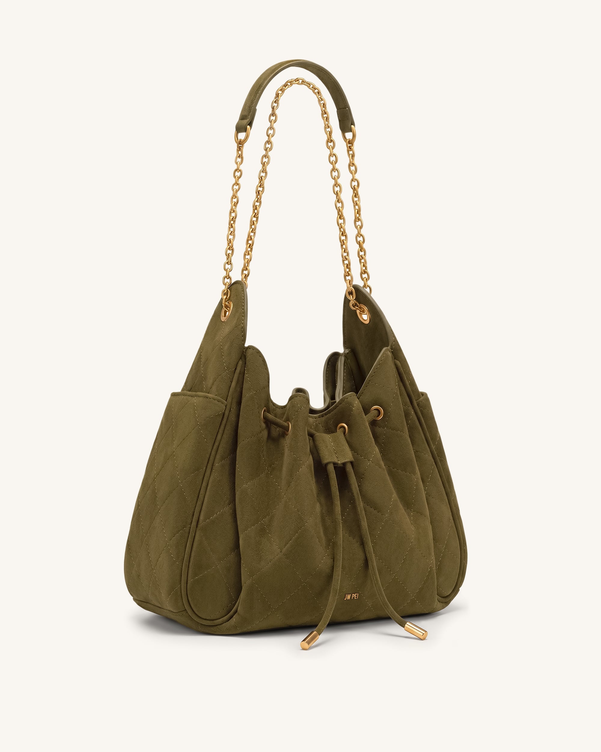 Rowan Faux Suede Quilted Chain Bucket Bag - Olive Green - Image 2
