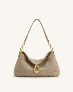 Jayla Faux Suede Metal Pendant Embellished Shoulder Bag - Grey