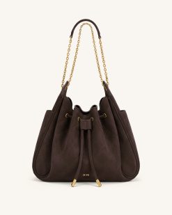 Rowan Faux Suede Quilted Chain Bucket Bag - Dark Brown