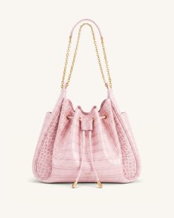 Rowan Ruched Drawstring Chain Bucket Bag - Pink Croc