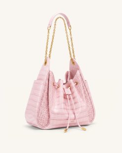 Alternative view of Rowan Ruched Drawstring Chain Bucket Bag - Pink Croc