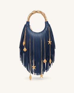 Chloe Metal Handle Fringe Top Handbag - Navy Blue