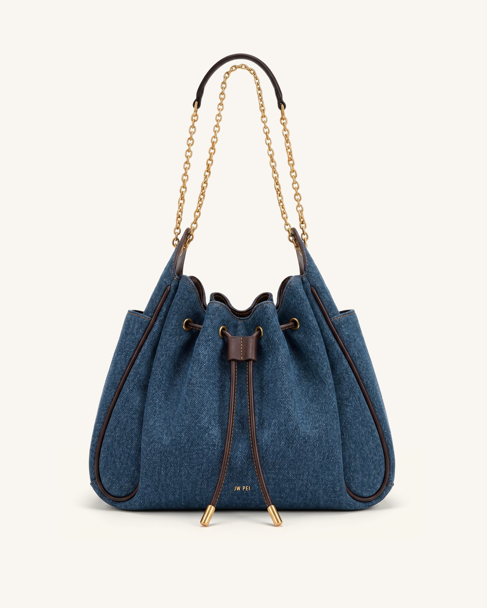 Rowan Ruched Drawstring Chain Bucket Bag - Dark Blue Denim