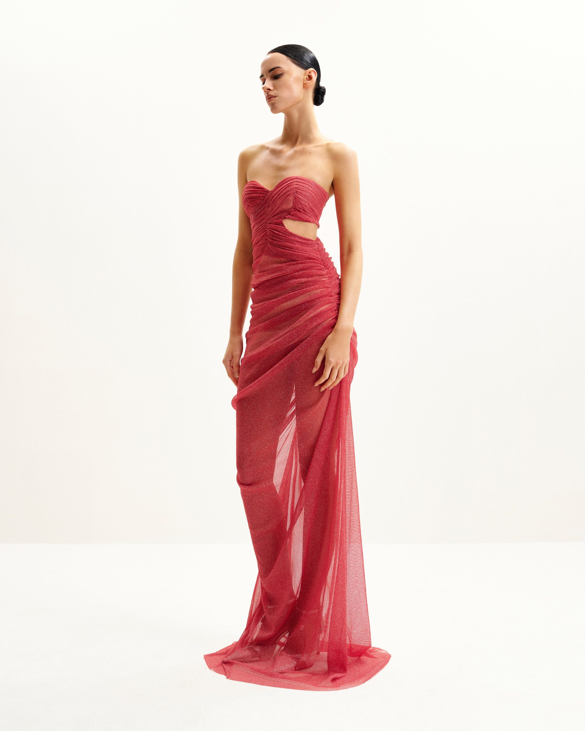 Mia Strapless Sheer Glitter Gown - Scarlet - Image 4