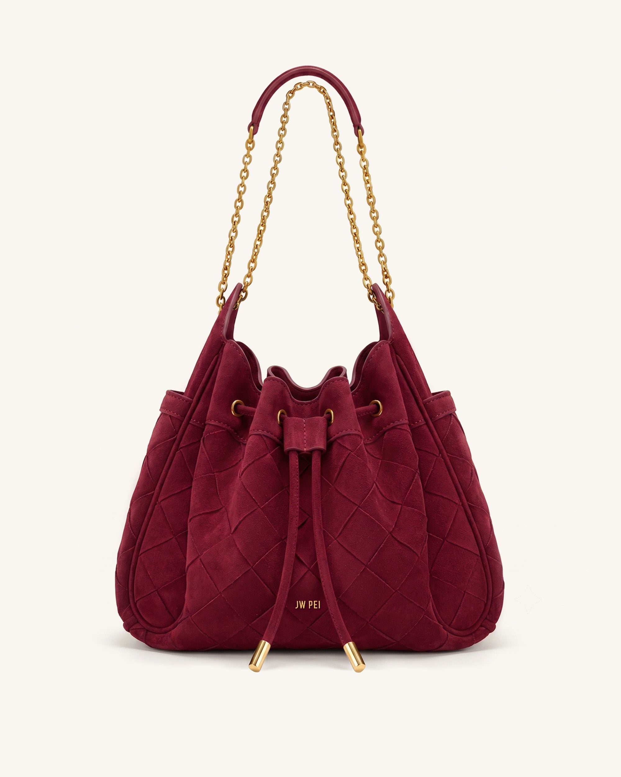 Rowan Faux Suede Weaving Ruched Drawstring Chain Bucket Bag - Dark Cherry