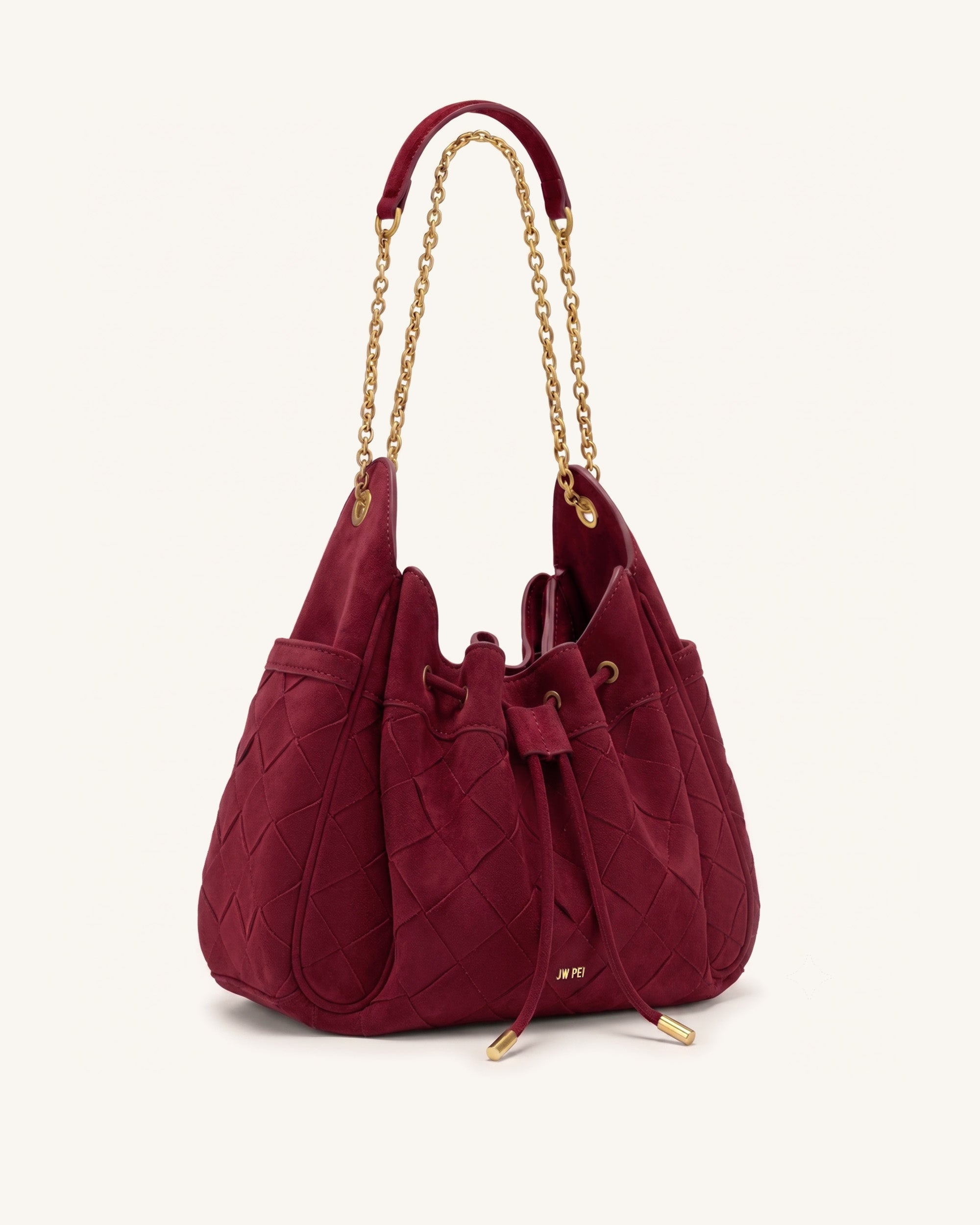 Rowan Faux Suede Weaving Ruched Drawstring Chain Bucket Bag - Dark Cherry - Image 2