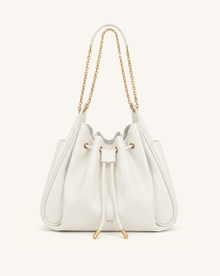 Rowan Ruched Drawstring Chain Bucket Bag - Ivory