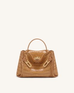 Rhea Small Double Buckle Shoulder Bag - Light Brown Croc
