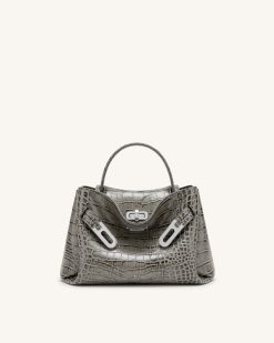 Rhea Small Double Buckle Shoulder Bag - Grey Croc