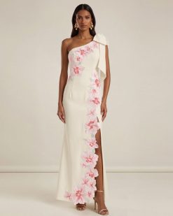 Flower Embroidered One-Shoulder Maxi Dress - Ivory