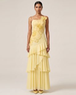 Orchid Embroidered Ruffled One-Shoulder Maxi Dress - Pale Yellow