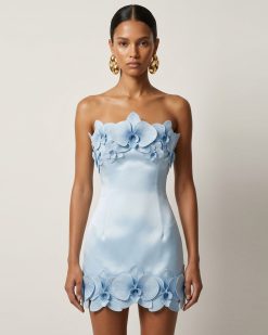 Orchid Trim Strapless Mini Dress - Blue