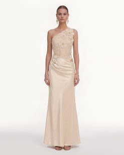 Floral One Shoulder Satin Dress - Cream