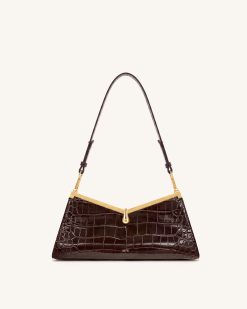 Nerina V-Frame Shoulder Bag - Dark Brown Croc
