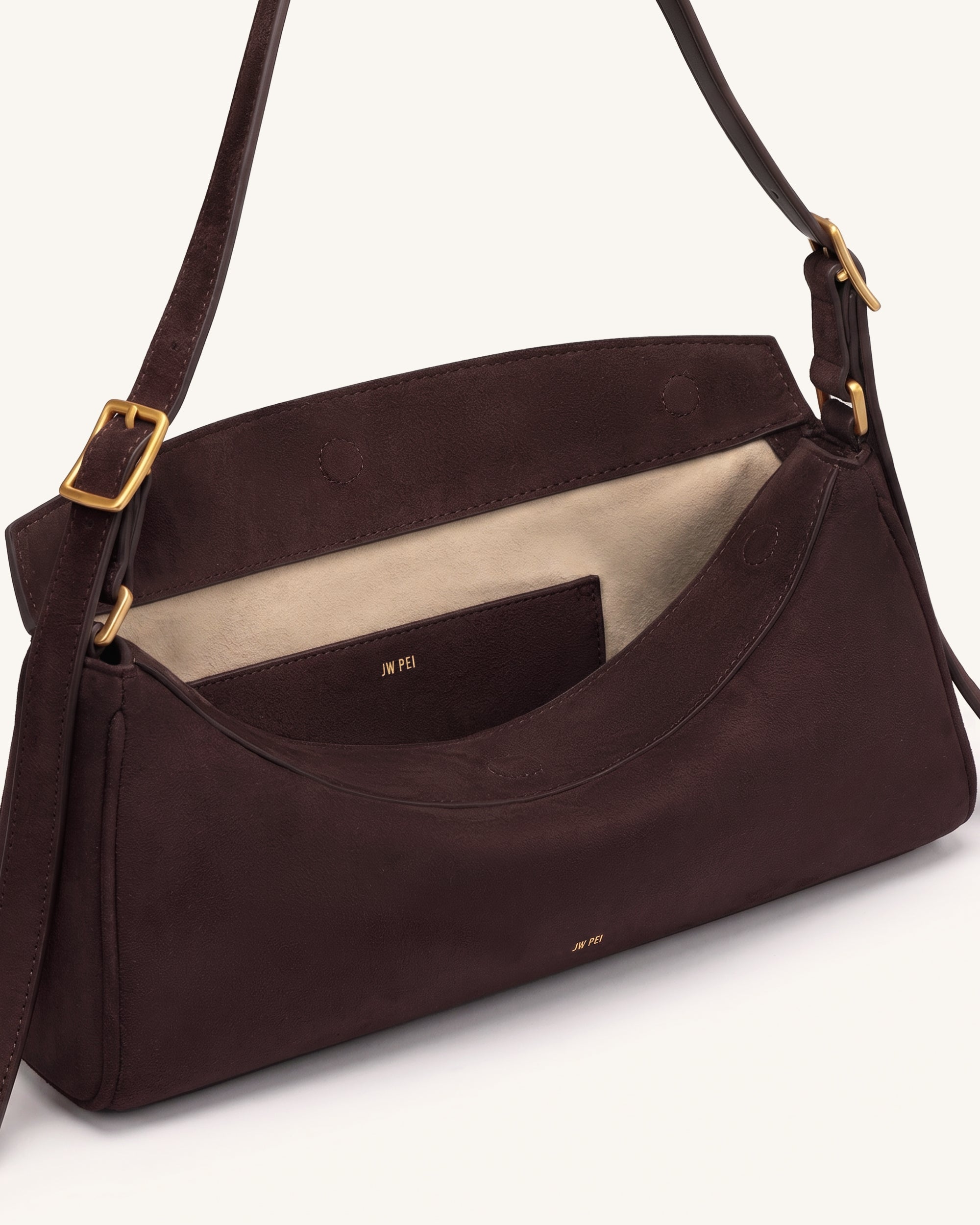 Elowen Faux Suede East-West Shoulder Bag - Dark Brown - Image 4