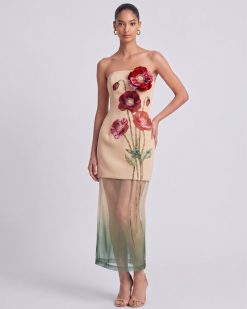 3D Corn Poppy Floral Sheer Layered Midi Dress - Beige