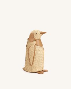 Pia Penguin Faux Straw Crossbody Bag - Apricot