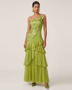 Alternative view of Orchid Embroidered Ruffled One-Shoulder Maxi Dress - Olive Green