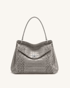Lucia Turn-Lock Shoulder Bag - Grey Croc