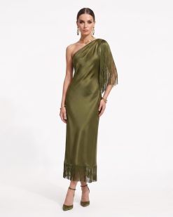 One Shoulder Fringe Midi Dress - Olive Green