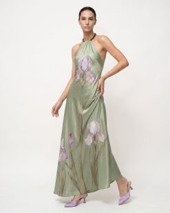 Iris Floral Print Halter Maxi Dress - Pistachio