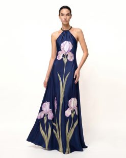 Iris Floral Print Halter Maxi Dress - Midnight Blue