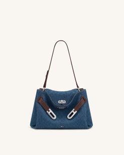 Rhea Double Buckle Shoulder Bag - Dark Blue Denim