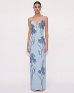 Iris Embroidered Notch Neck Strapless Maxi Dress - Light Blue