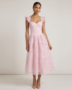 Orchid Embroidered Flutter-Sleeve Midi Dress - Blush Pink