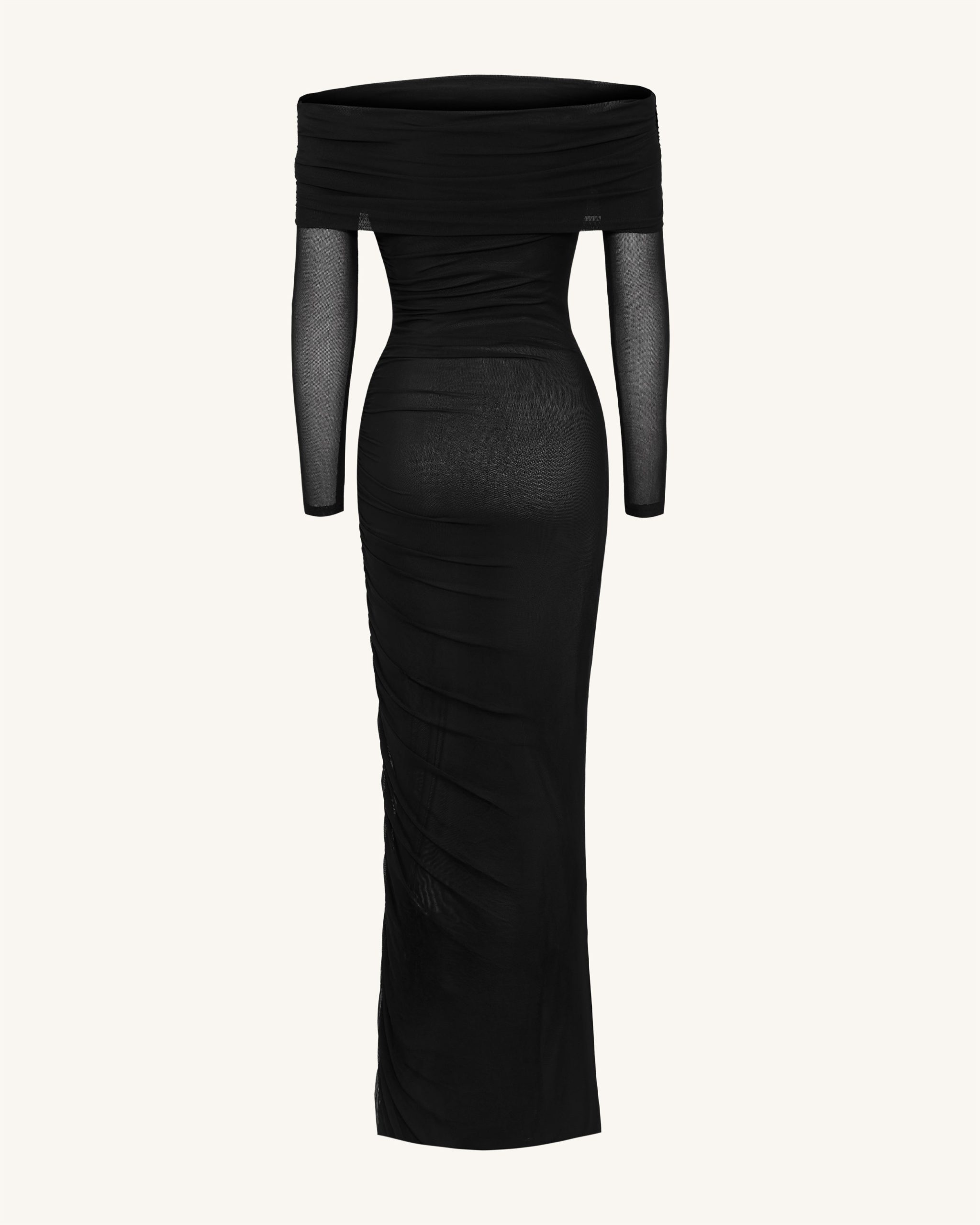Ruched Off-Shoulder Mesh-Sleeve Mermaid Maxi Dress - Black - Image 5